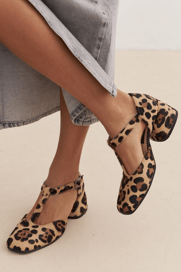 Women's Leopard T-Strap Block Heels with Square Toe