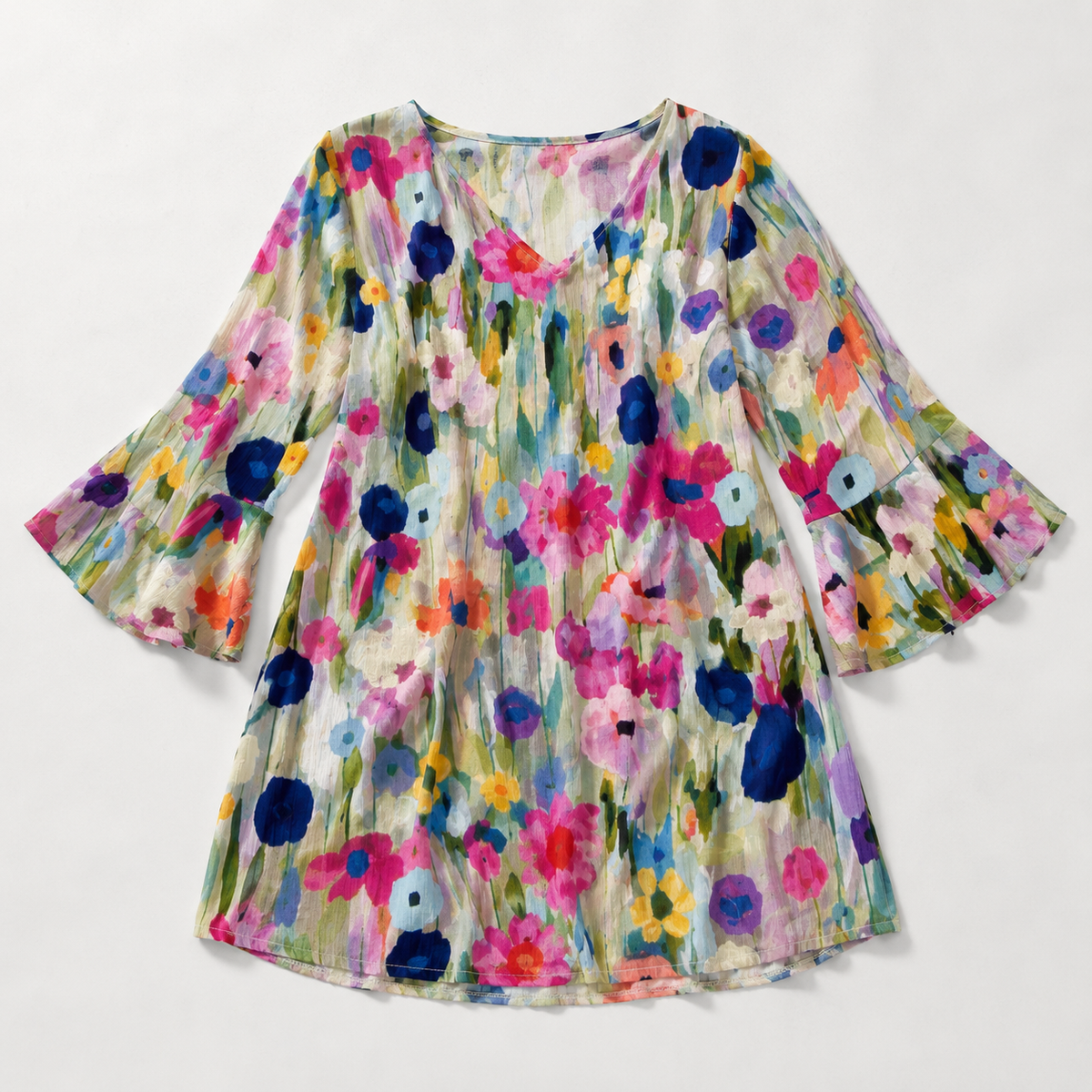 Ischia Watercolour Floral Bell-Sleeve Mini Dress