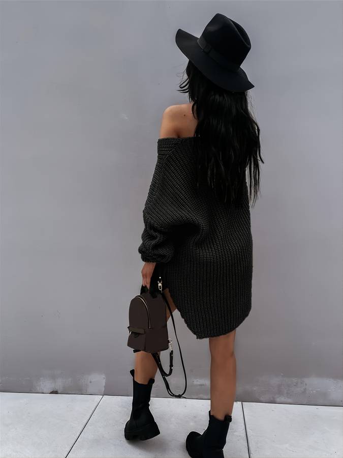 Women's Oversized V-Neck Sweater Dress with Drop Shoulder