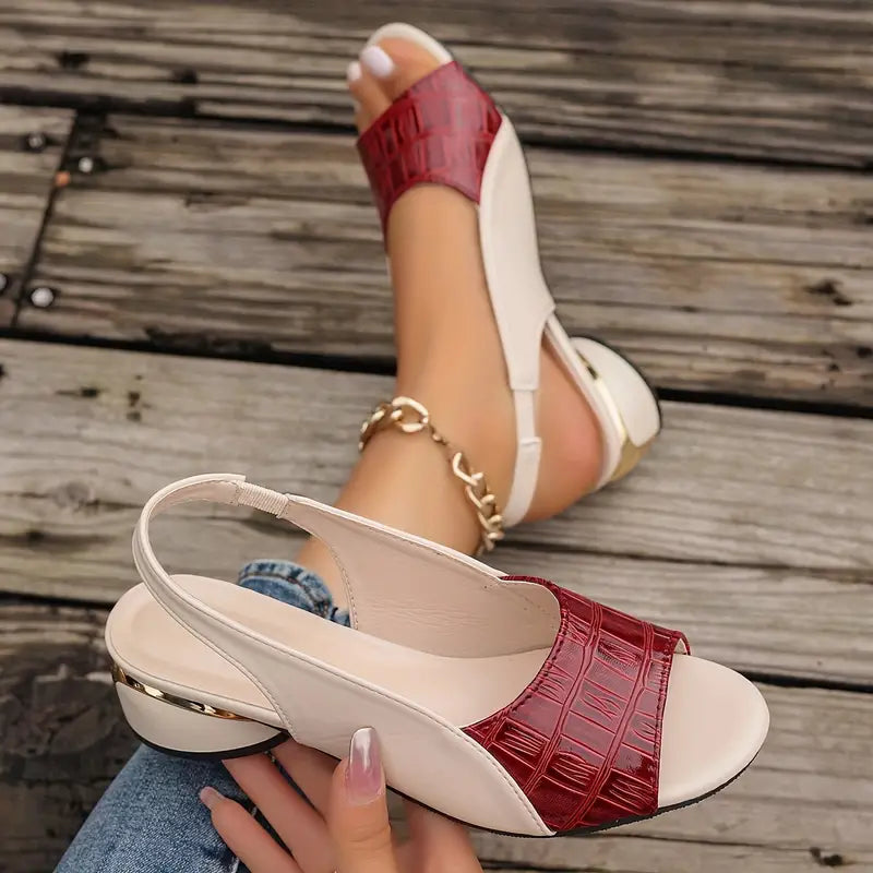 Women's Leather Comfort Sandals with Block Heel and Textured Design
