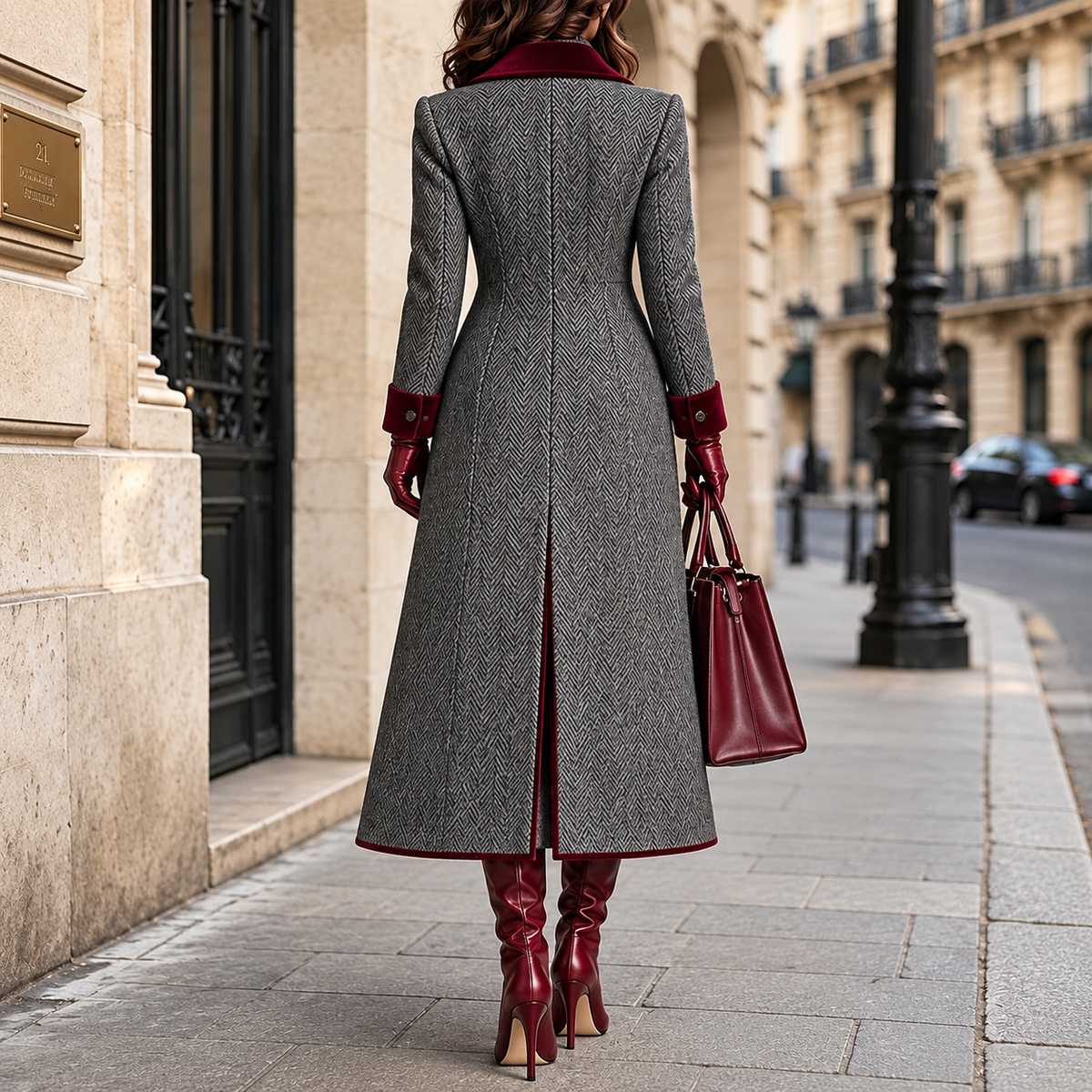 Veloura – Burgundy Herringbone Long Coat