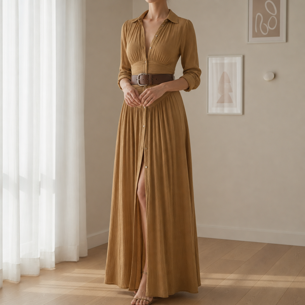 Milos Belted Button-Front Maxi Dress