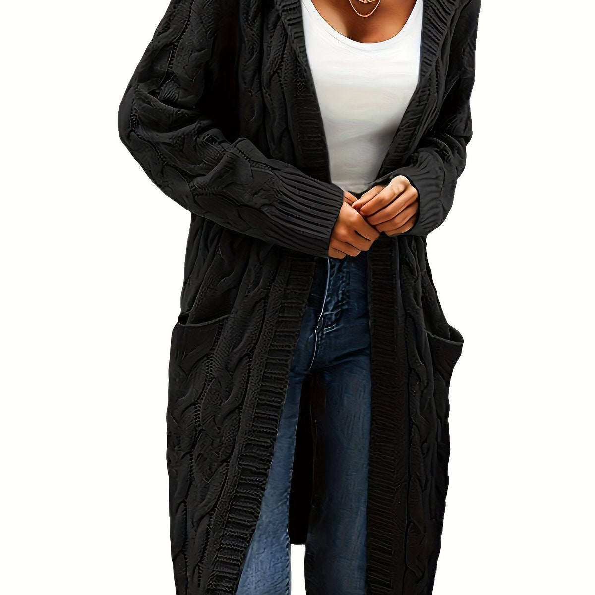 Women's Long Cable Knit Cardigan, Open Front, Long Sleeves