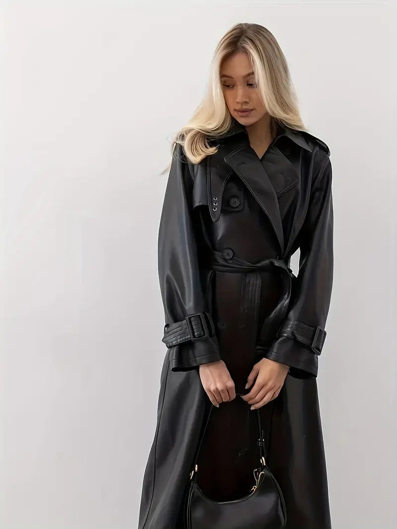 Women's Long Belted Trench Coat with Notch Collar
