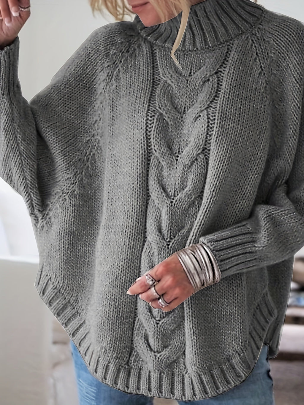 Women's Cable-Knit High-Neck Sweater Relaxed Fit