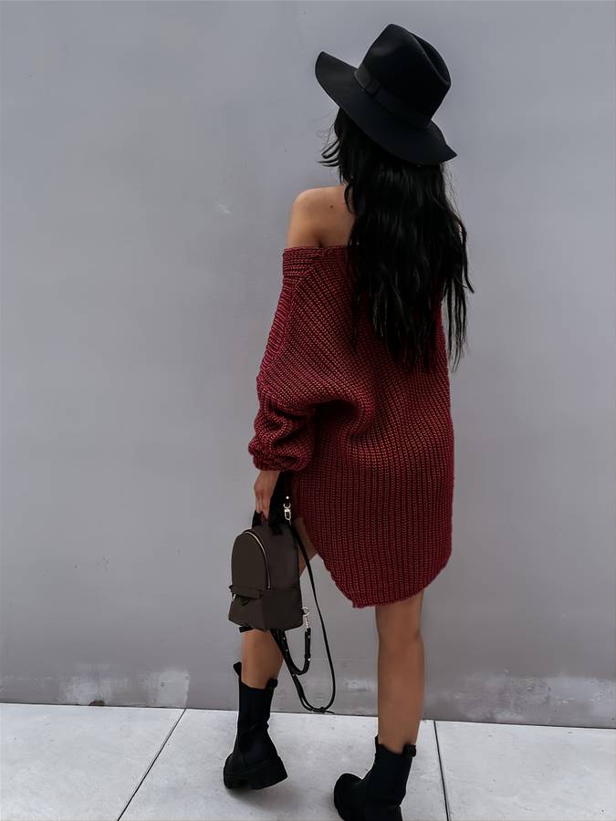 Women's Oversized V-Neck Sweater Dress with Drop Shoulder
