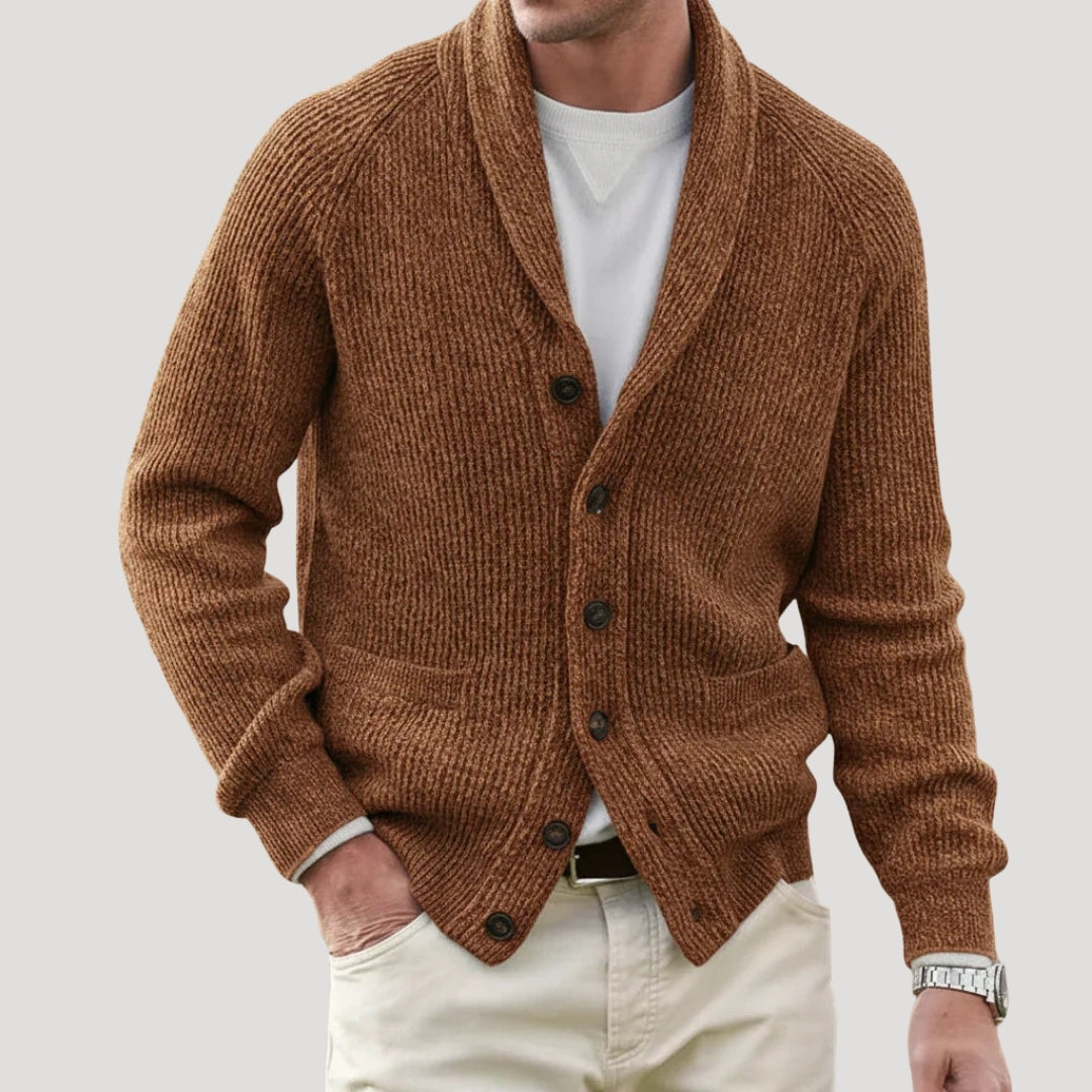 Men's Ribbed Knit Cardigan, Shawl Collar, Button Front