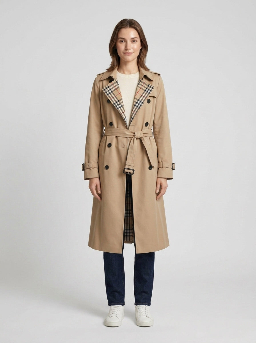 Women's Belted Trench Coat, Notched Lapel, Double-Breasted