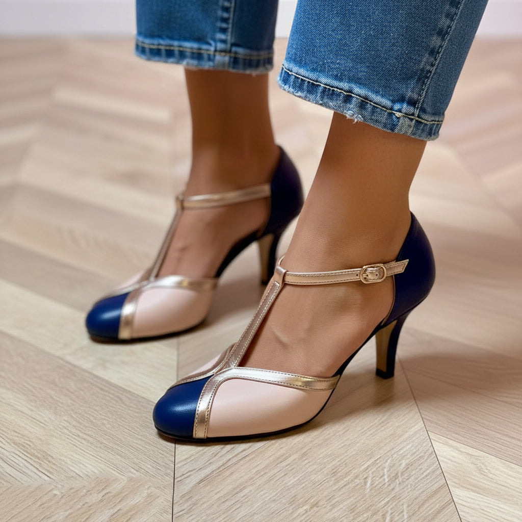 Women's Colorblock T-Strap Round-Toe Heels