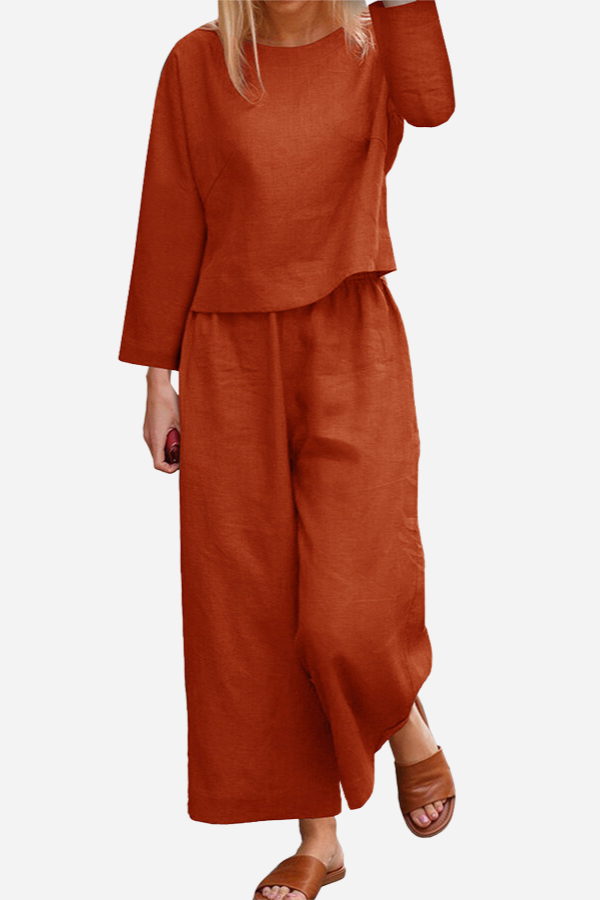 Women's Layered Linen Top Wide-Leg Pants Two-Piece Set