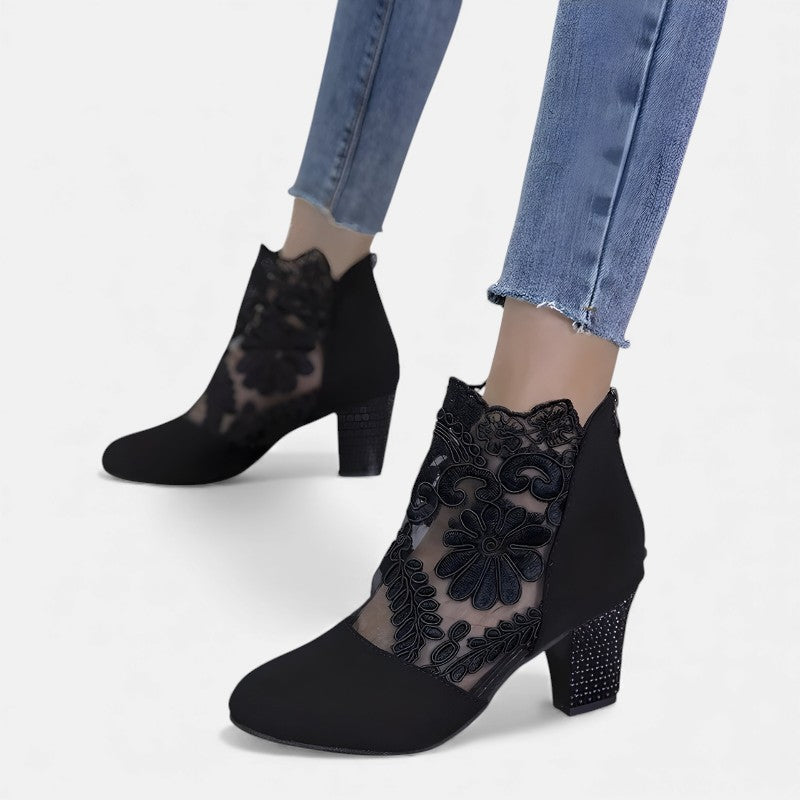 Women's Lace Overlay Ankle Boots with Block Heel