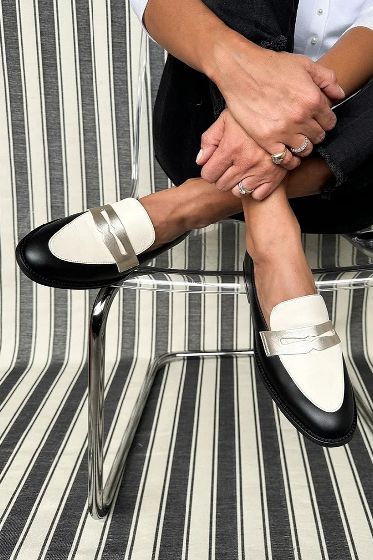 Women's Two-Tone Loafers with Metallic Bow Detail