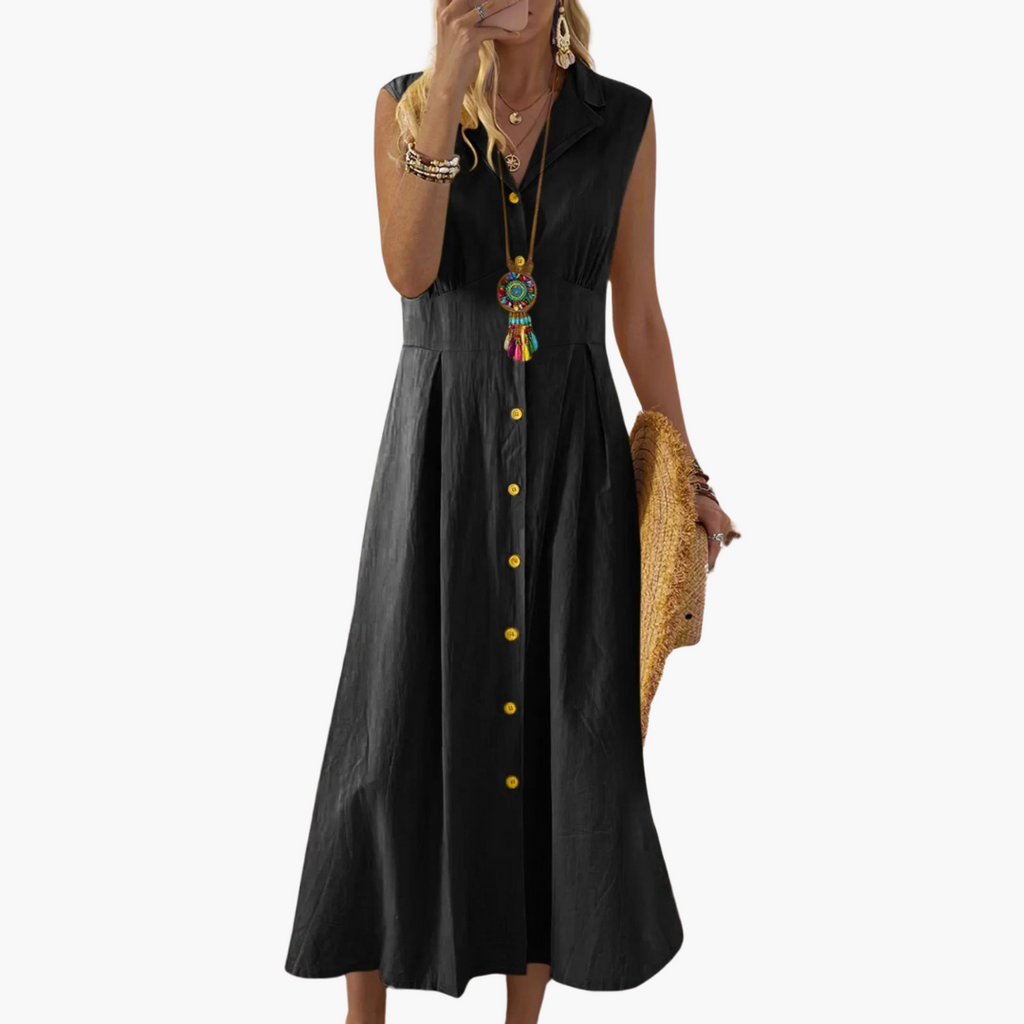 Women’s Midi Dress with Button-Down Front and V-Neck