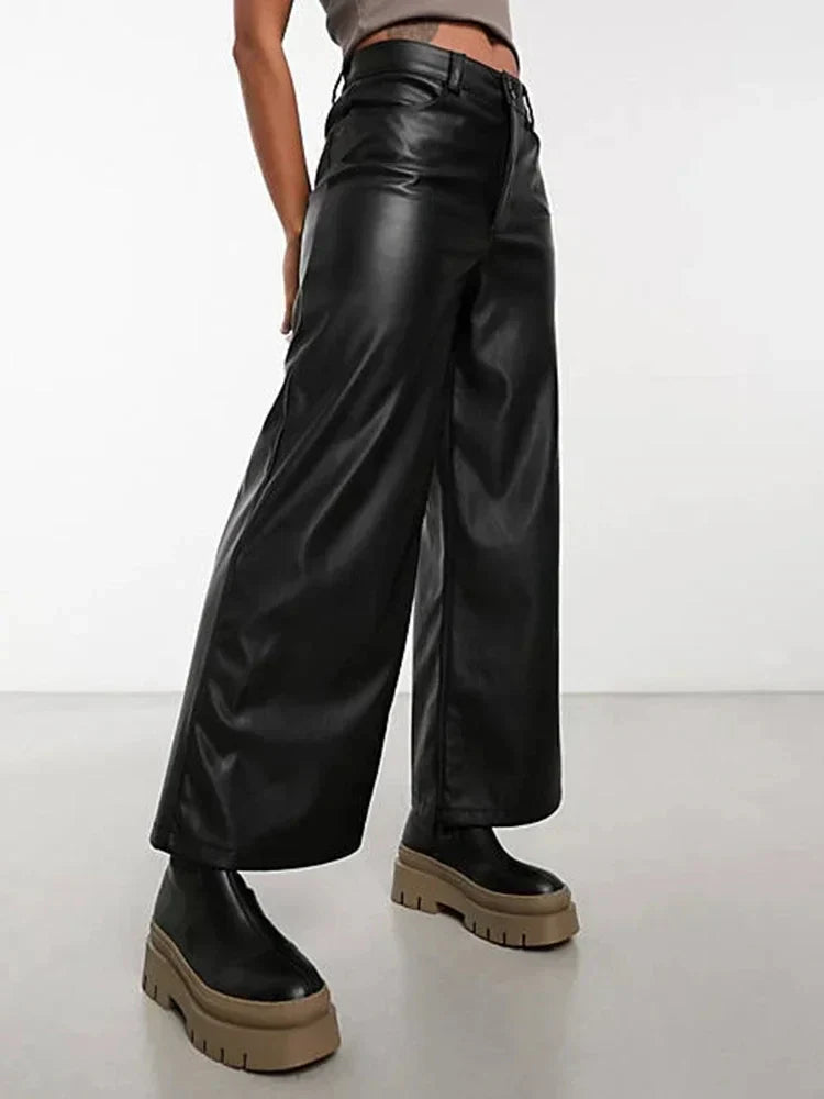 Women's High-Waisted Wide-Leg Faux Leather Pants