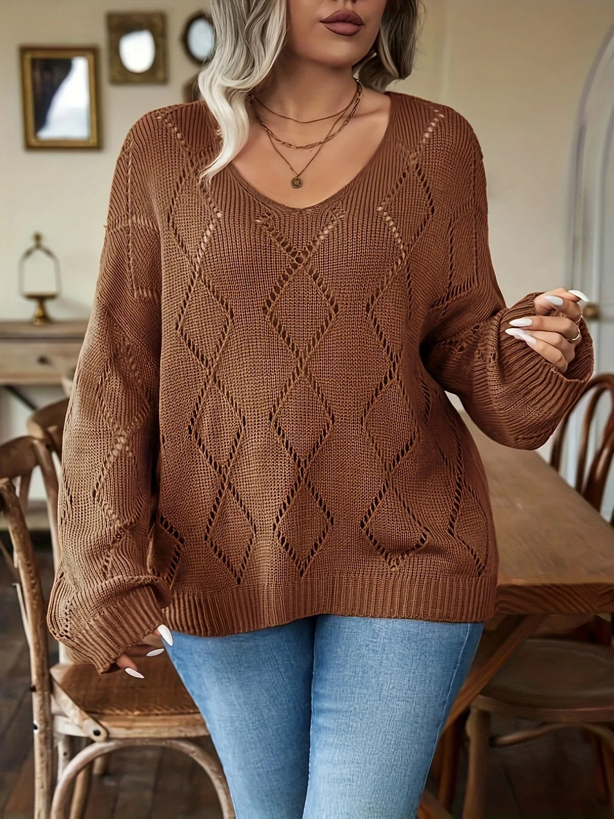 Women's Oversized Cable Sweater Long Sleeve Pullover