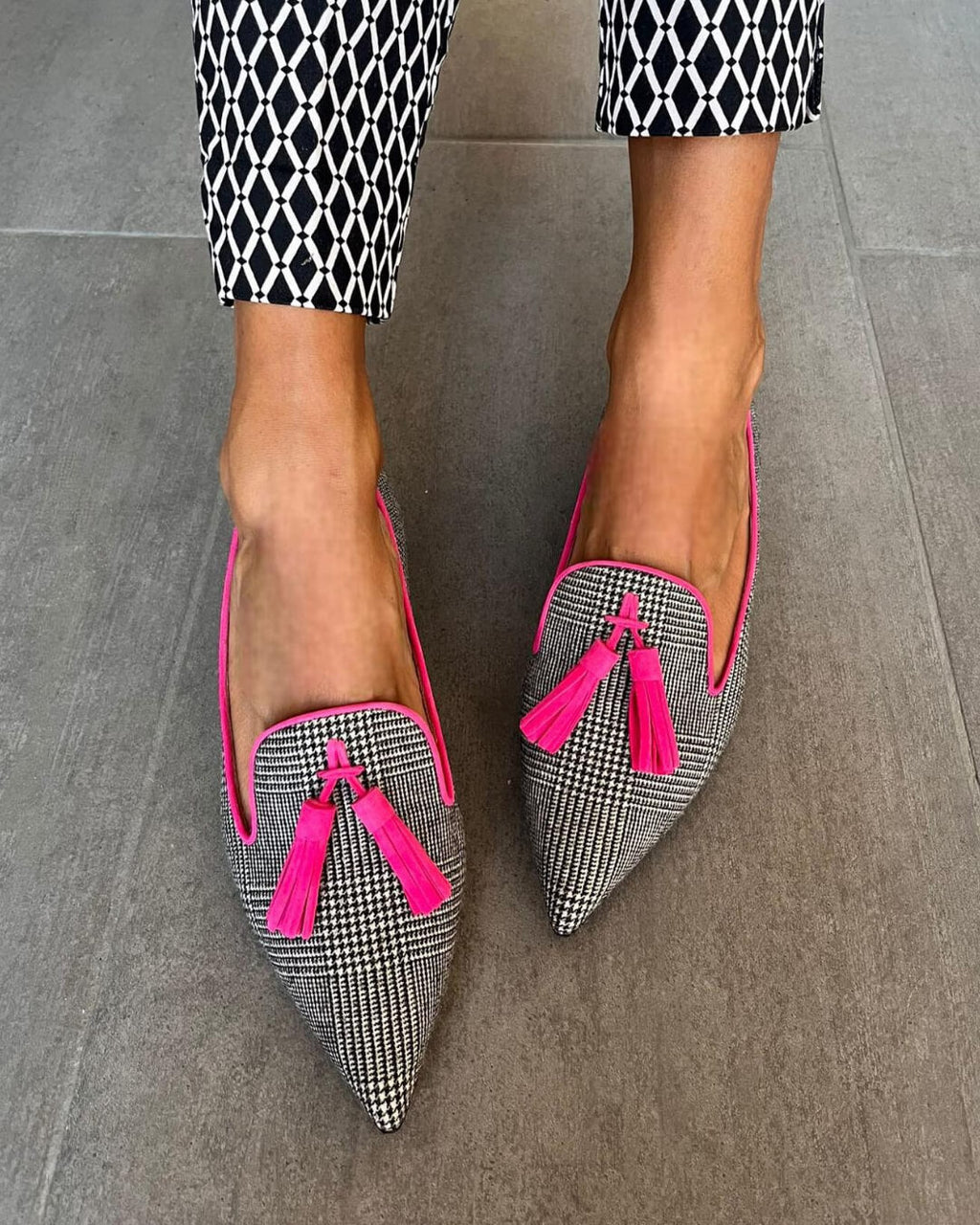 Women's Pointed Loafers with Tassel Detail and Check Pattern