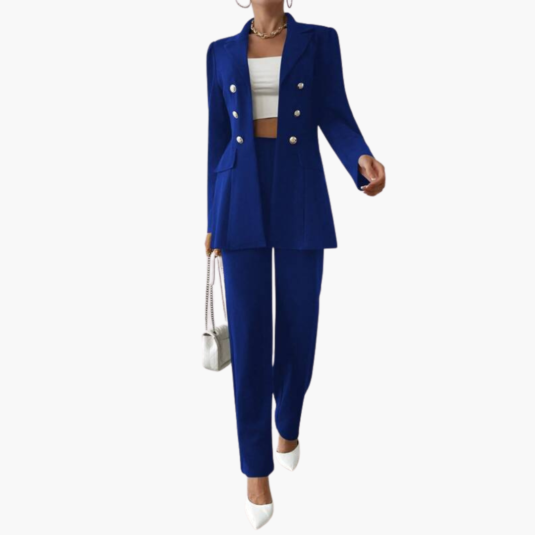 Women's Blazer Set with Notched Lapel and Straight Leg Pants