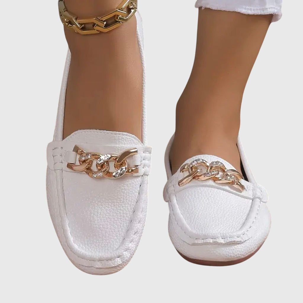 Women's Loafers with Chunky Gold Chain and Pebbled Upper Texture