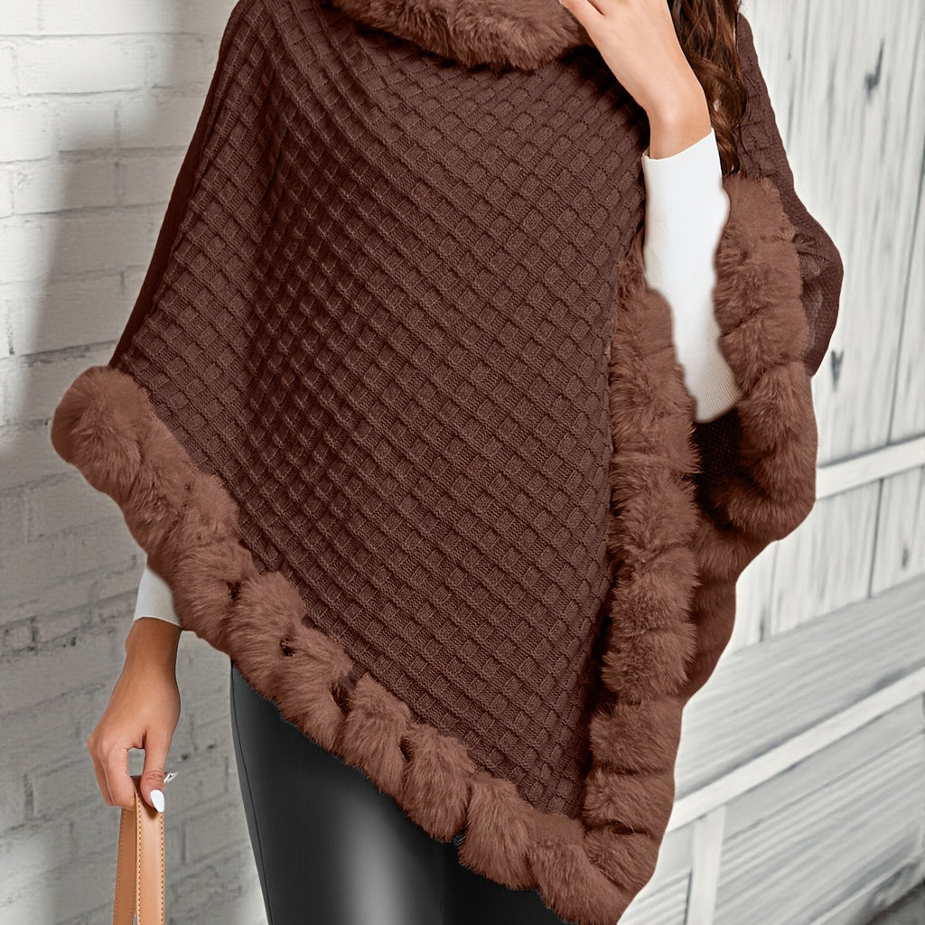 Women's Textured Poncho with Faux Fur Trim
