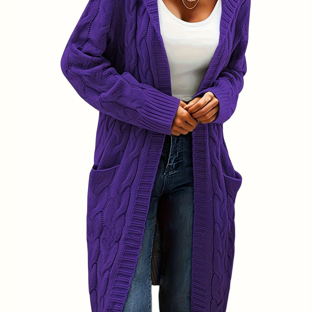 Women's Long Cable Knit Cardigan, Open Front, Long Sleeves
