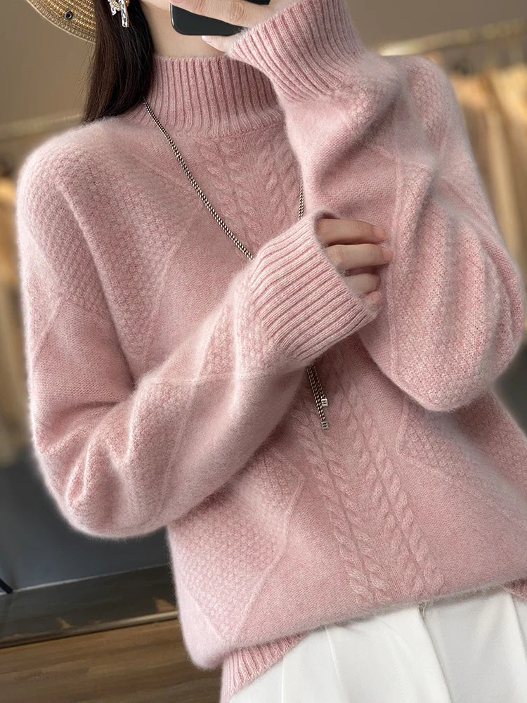 Women's Cable-Knit Turtleneck Sweater with Ribbed Hem