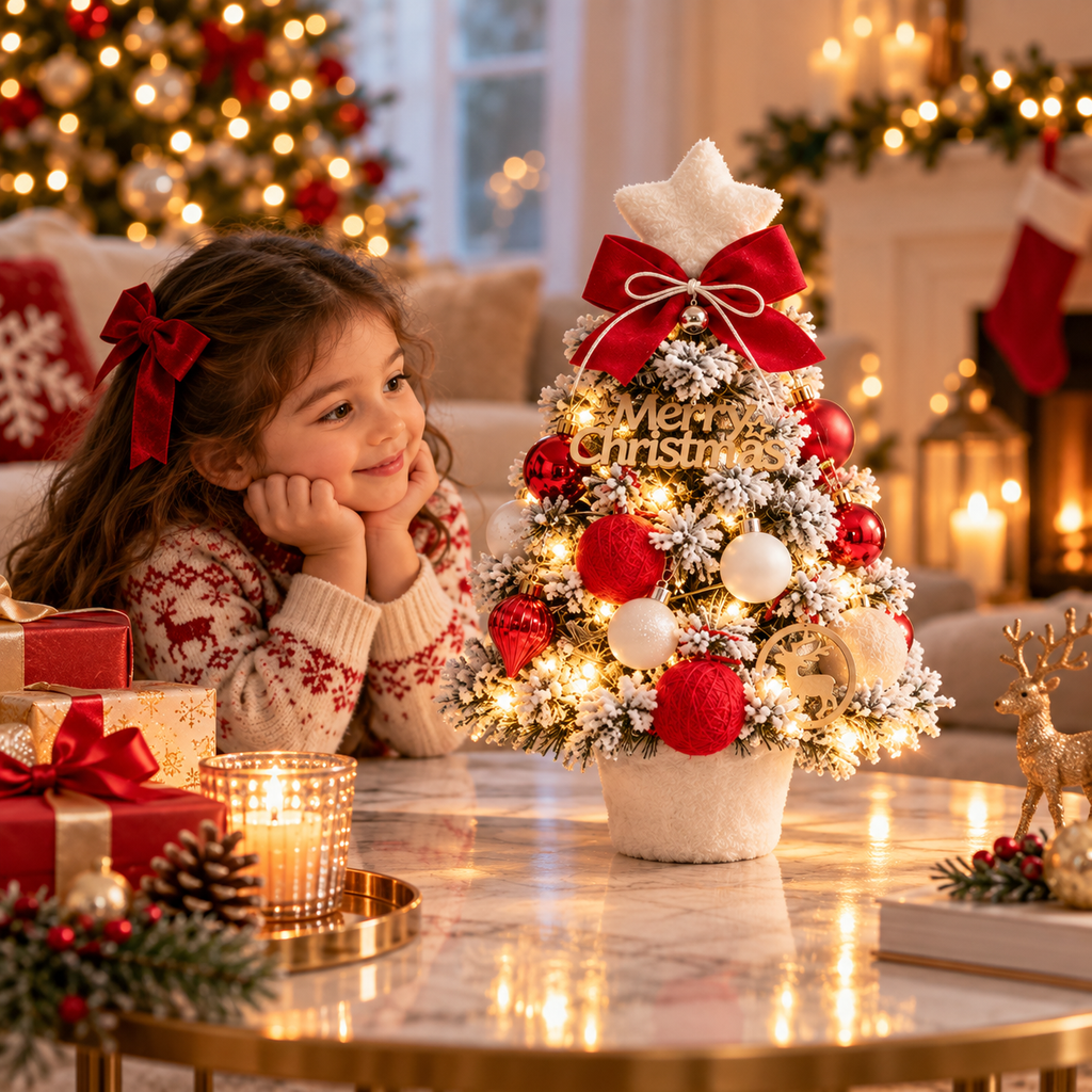Everpine – Pre-Decorated Snow-Flocked Tabletop Christmas Tree
