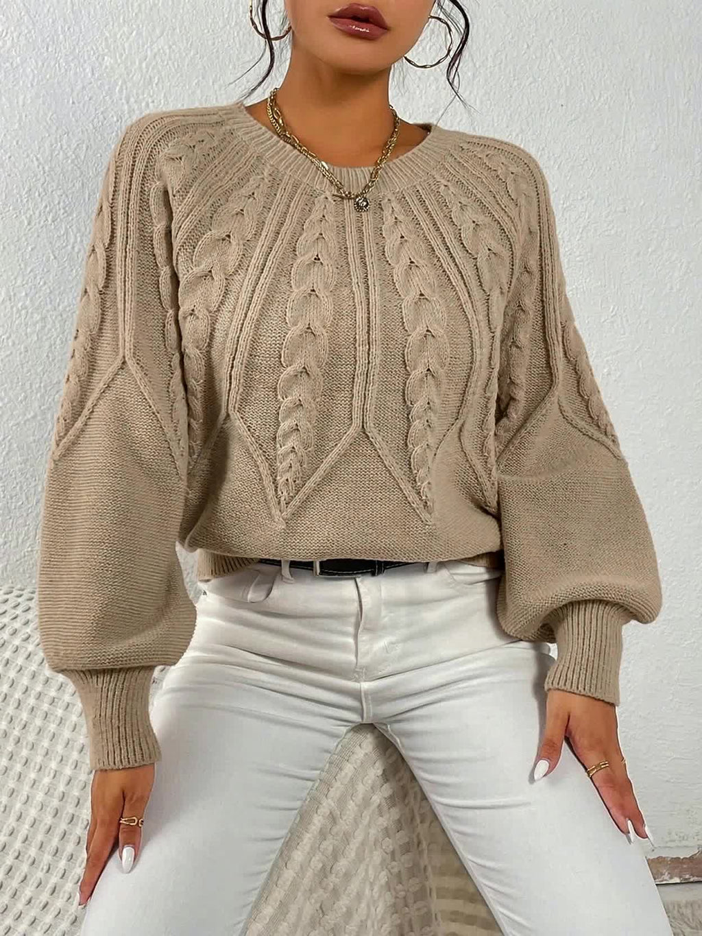Women's Cable-Knit Sweater with Lantern Sleeves