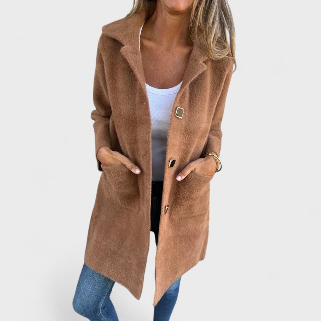 Women's Longline Button Coat, Notched Lapels, Front Pockets