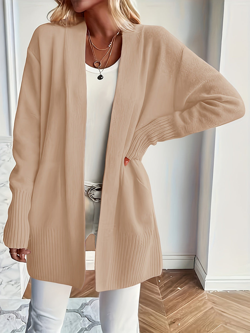 Women's Open Front Ribbed Cardigan with Long Sleeves