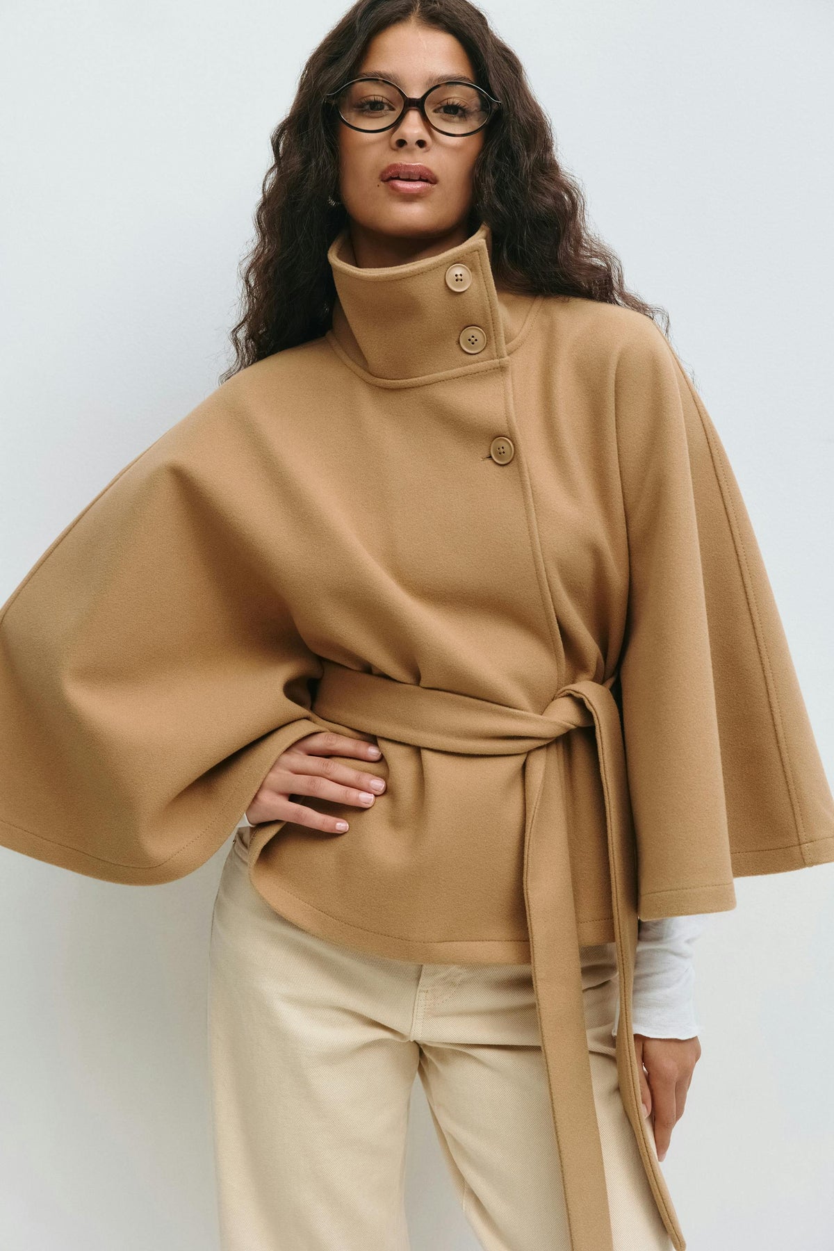 Montarello Women's Cape Coat High Collar Belted