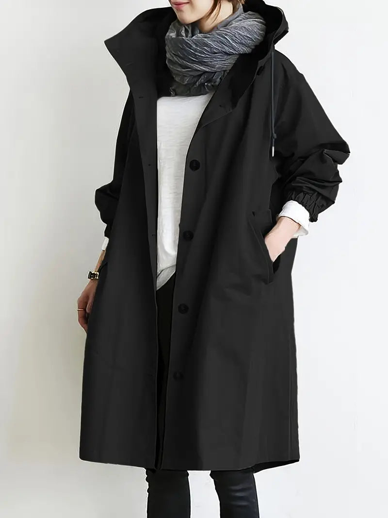 Women's Hooded Trench Coat with Drawstring Waist Tie
