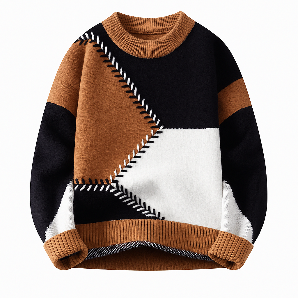 Unisex Geometric Patchwork Crew Neck Sweater, Long Sleeves