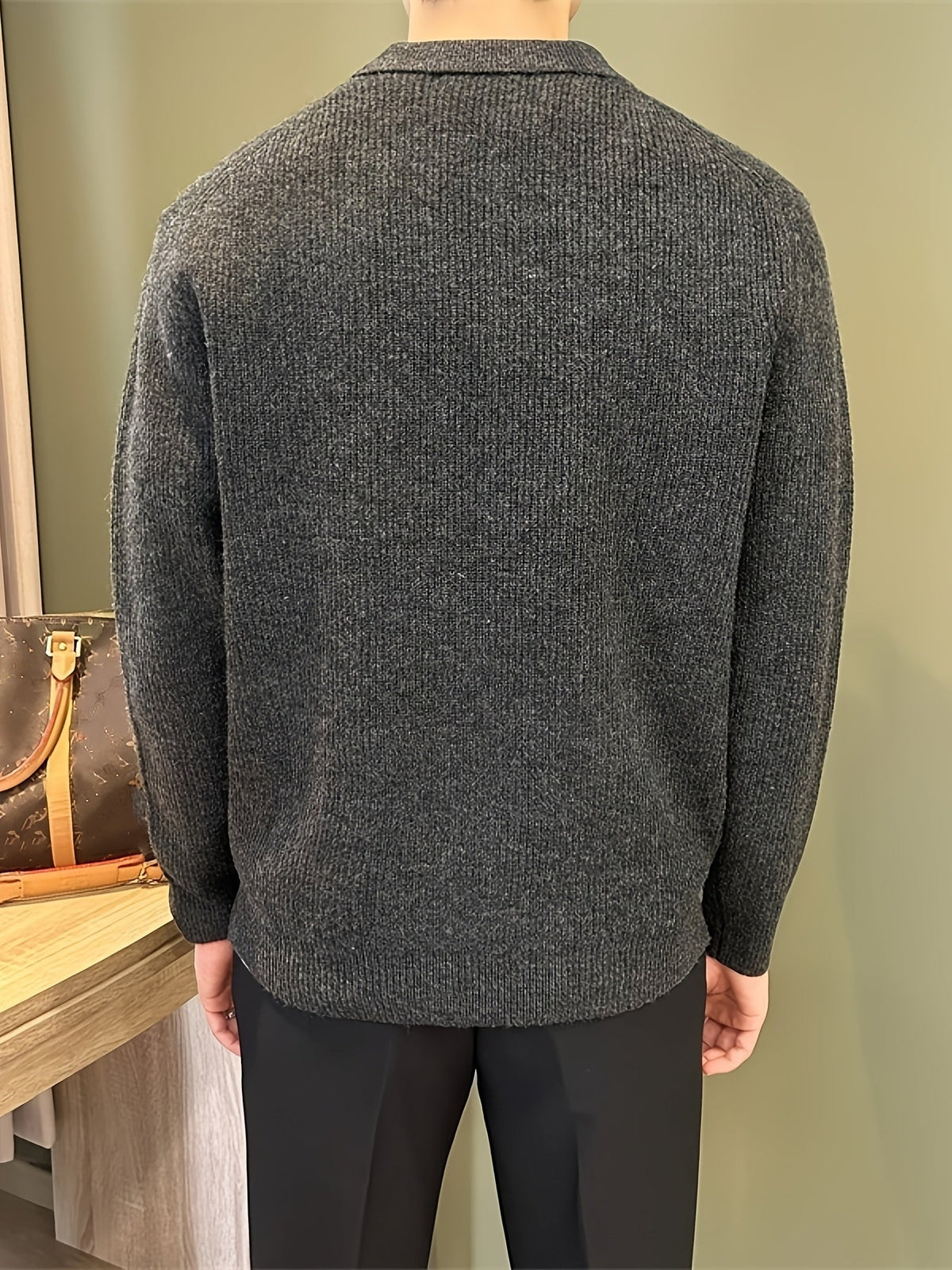 Men's Ribbed Knit Polo Sweater, Long Sleeve, Button Placket