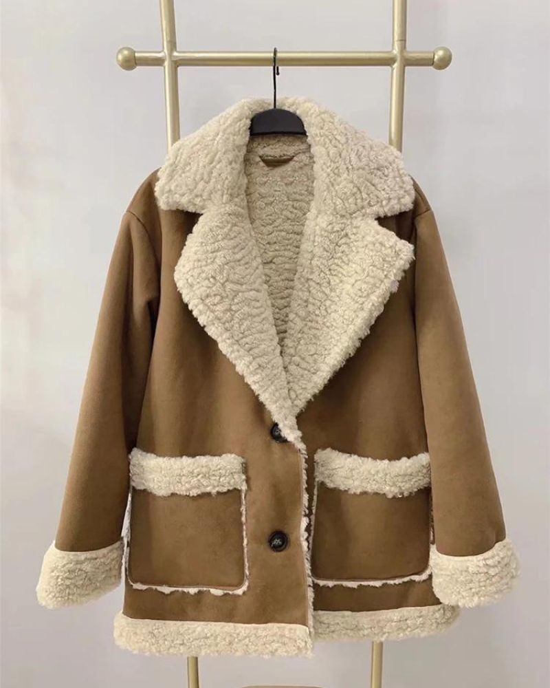Women's Shearling Trim Coat with Wide Sherpa Collar
