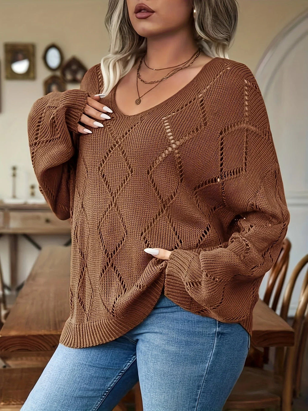 Women's Oversized Cable Sweater Long Sleeve Pullover