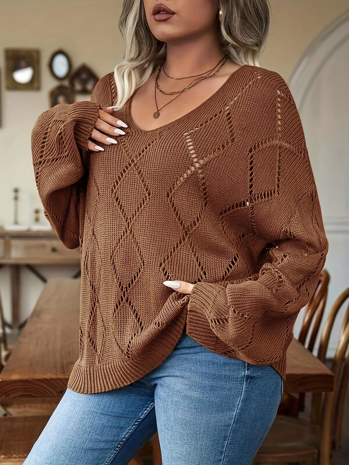 Women's Oversized Cable Sweater Long Sleeve Pullover