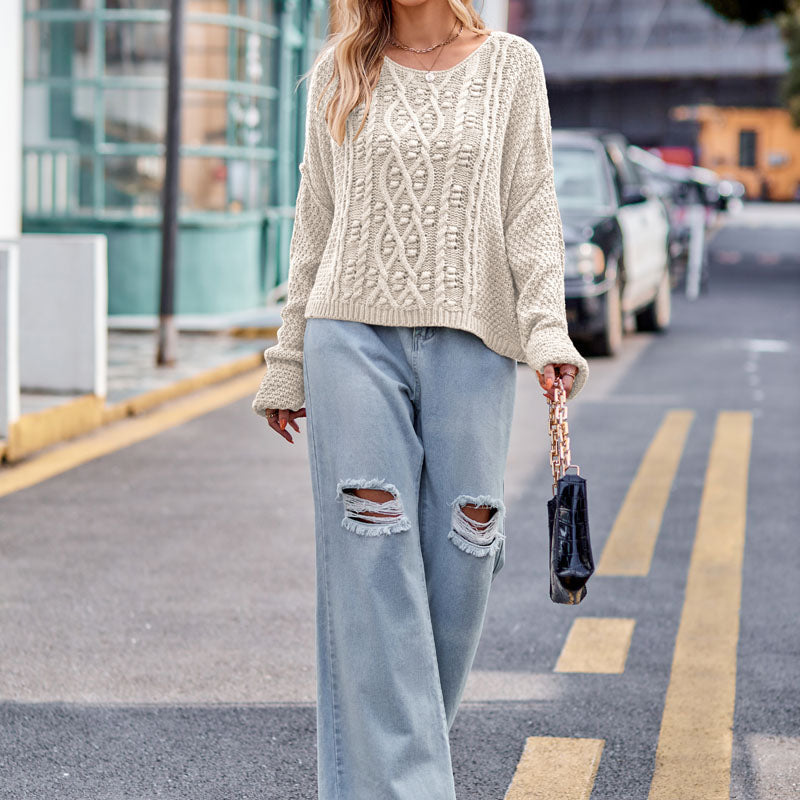 Women's Cropped Cable Knit Sweater with Drop Shoulder