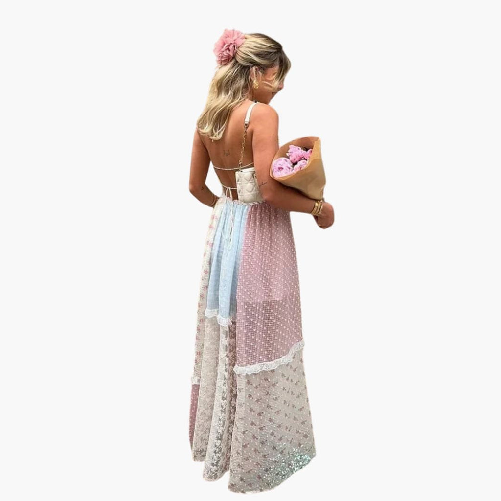 Women’s Patchwork Maxi Dress with Lace-Up Detail
