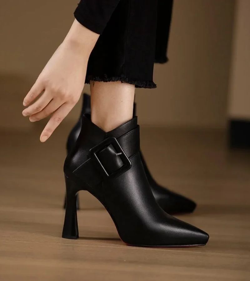 Women's Leather Ankle Boots with Oversized Buckle and Sculptural Heel