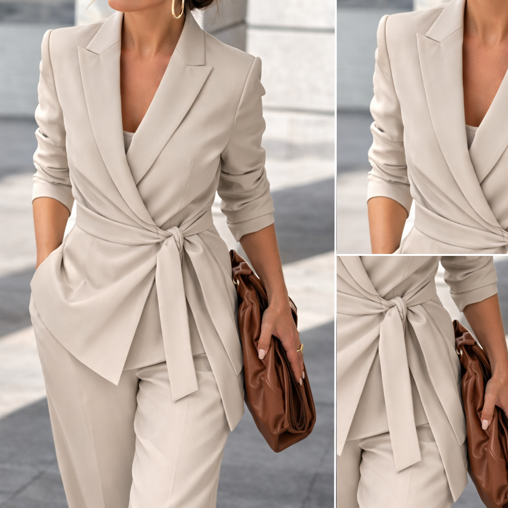 Women's Belted Blazer and Wide-Leg Pants Set