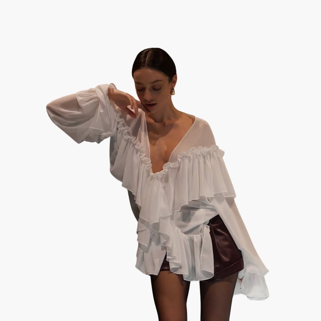 Women’s Long-Sleeve Blouse with V-Neck and Ruffles