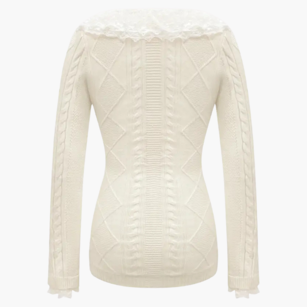 Women’s Knitted Button-Up Dress with Lace Collar and Long Sleeves