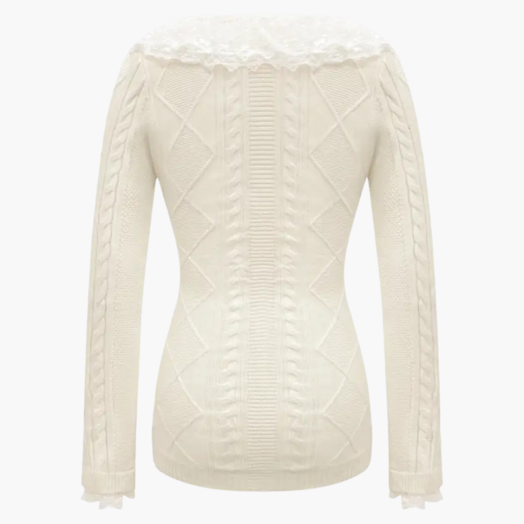 Women’s Knitted Button-Up Dress with Lace Collar and Long Sleeves