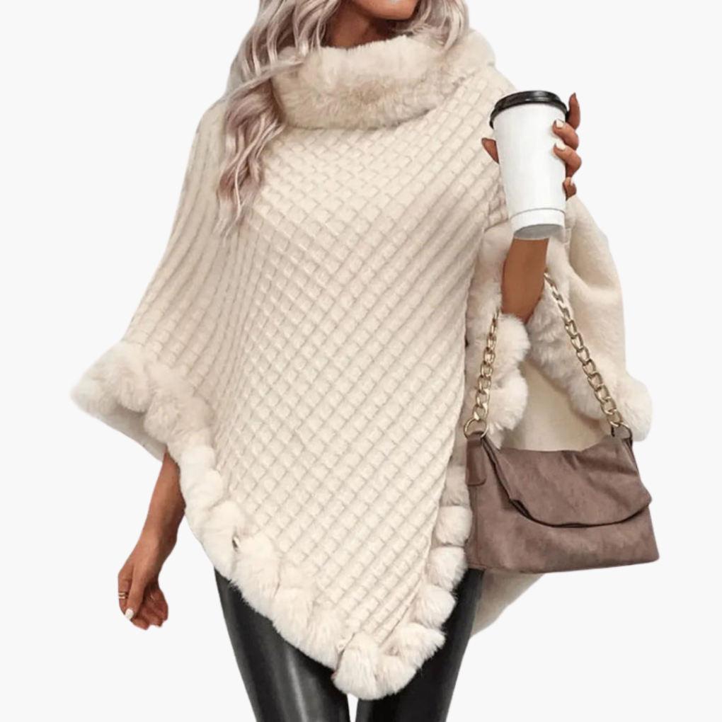 Women's Knit Poncho with Turtleneck and Trim Detail