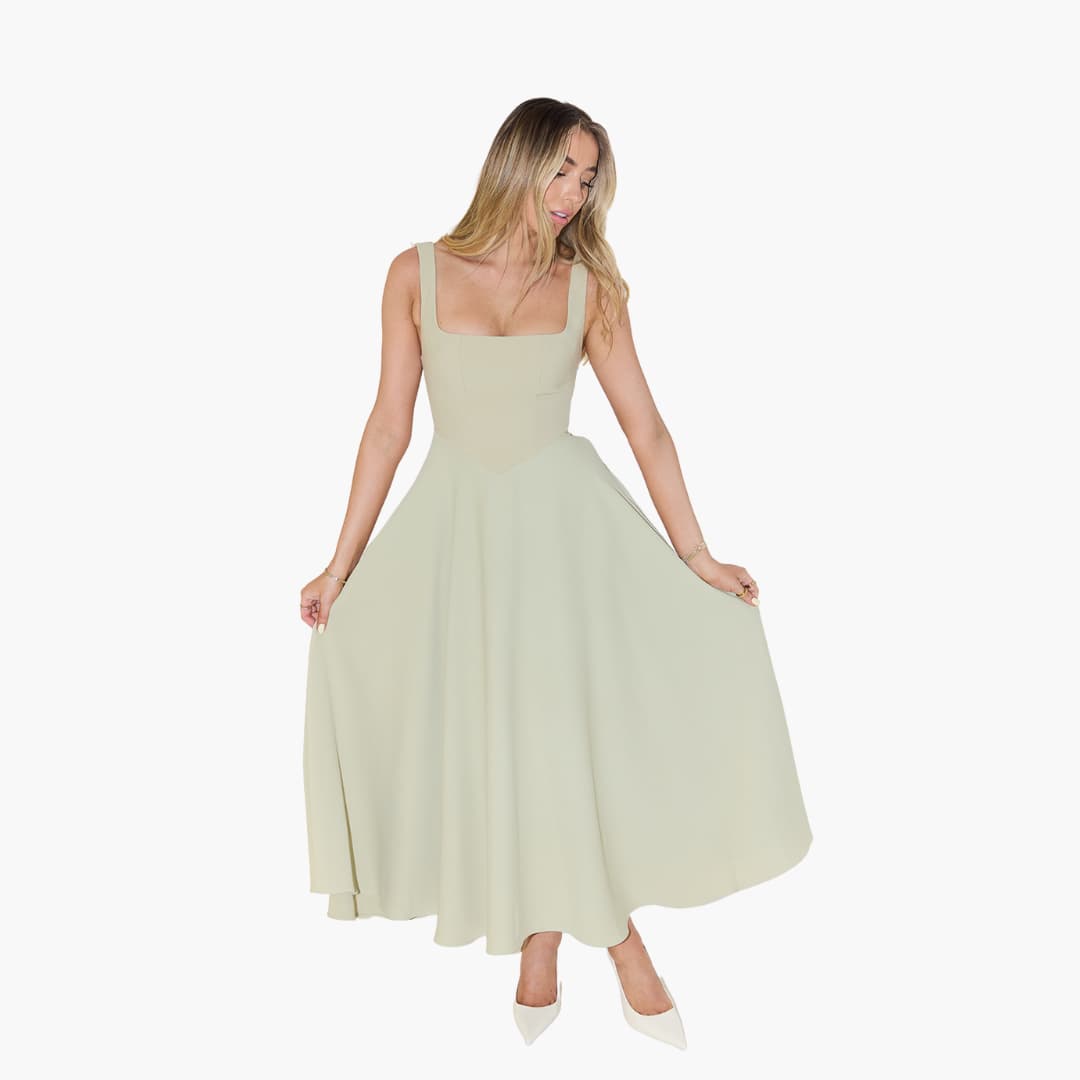 Women’s Midi Dress with Square Neckline and Flared Skirt