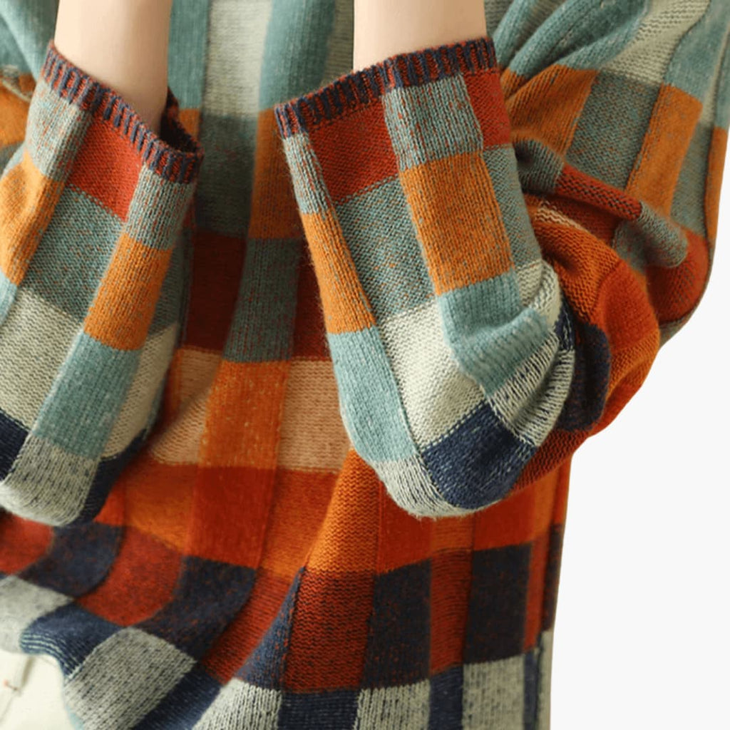 Women's Patchwork Turtleneck Sweater with Long Sleeves and Ribbed Cuffs