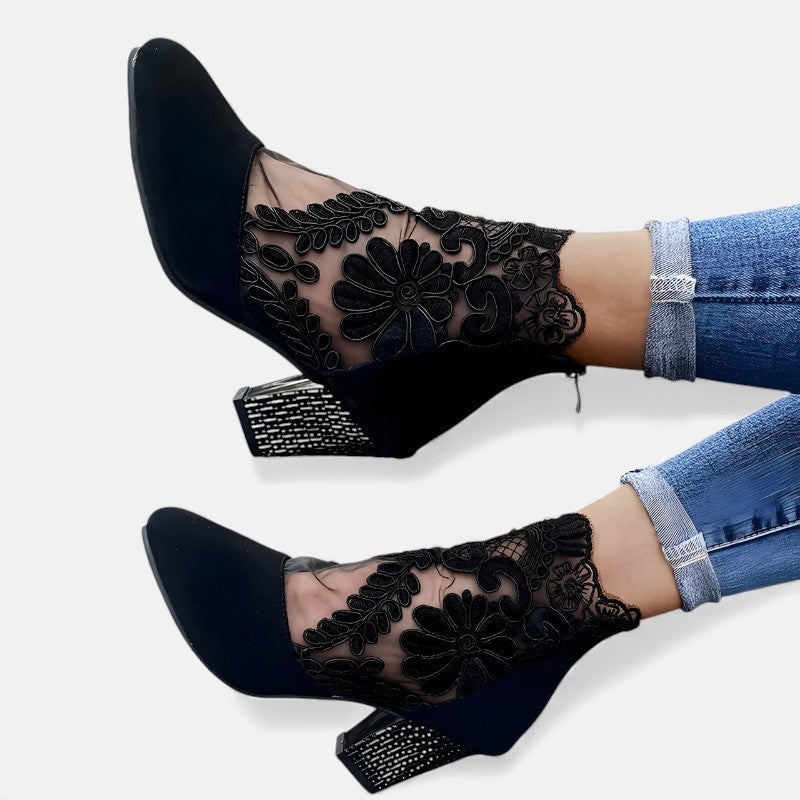 Women's Lace Overlay Ankle Boots with Block Heel