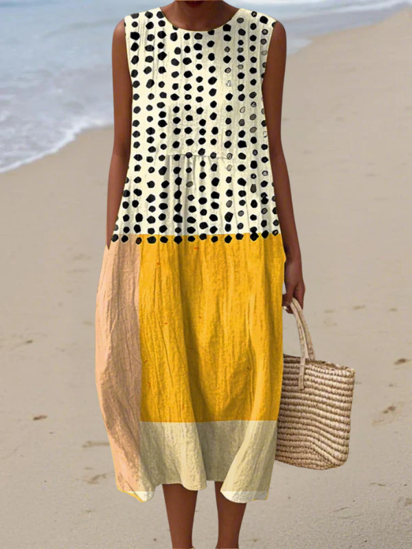 Women's Midi Dress with Polka Dot Pattern and Colourblock Design