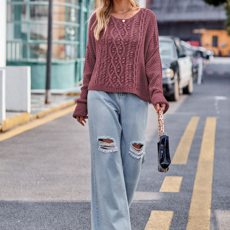 Women's Cropped Cable Knit Sweater with Drop Shoulder