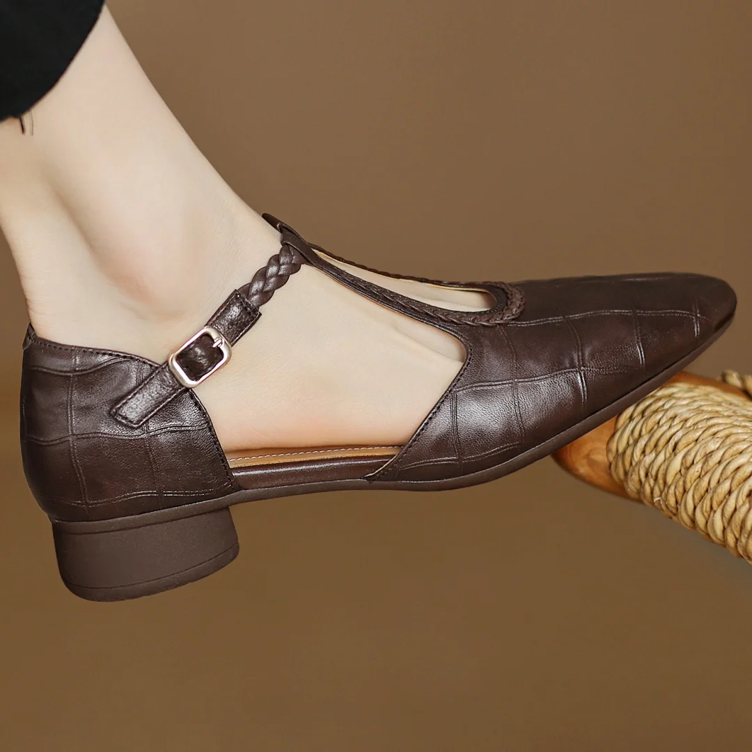 Women's Leather T-Strap Mary Jane Flats with Pointed Toe and Cushioned Sole